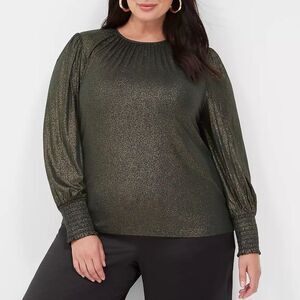 LANE BRYANT - Sparkle Long-Sleeve Smocked-Cuff Top